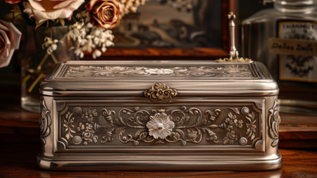 antique jewelry storage, vintage silver jewelry box with intricate engravings and interior mirror, a classic way to store and protect your jewelry with styleの素材