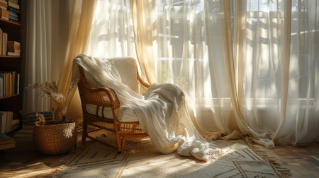 cozy reading nook, soft sunlight filtering through sheer curtains into a cozy reading nook, inviting one to sink into a comfortable armchair and dive into a stack of booksの素材