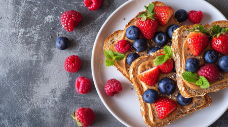 healthy breakfast options, vibrant and healthy breakfast toast with peanut butter, chia seeds, and berries on a white plate easy and nutritious morning meal idea with space for textの素材