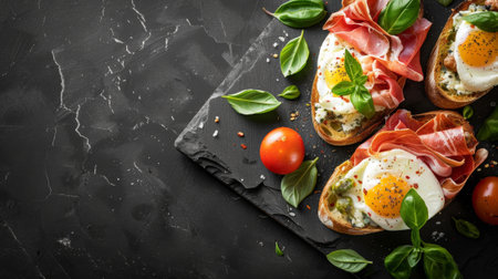 slate board breakfast, elegant breakfast idea artisanal toast with prosciutto, mozzarella, and basil on a slate board, perfect for a flavorful morning meal with space for textの素材