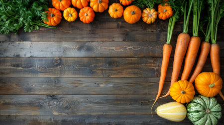 autumn vegetables like pumpkins, carrots, and squash artfully displayed on a wooden table, perfect as a harvest background with room for textの素材