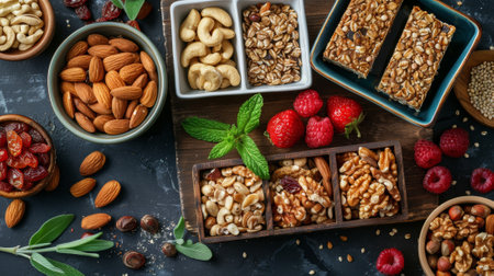 image showcasing a variety of nutritious snacks such as nuts, dried fruits, and granola bars on a wooden tray, highlighting the concept of medical foodの素材