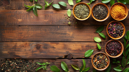 herbal tea presentation, various herbal tea blends showcased on a wooden table, with scattered green leaves and space for your textの素材