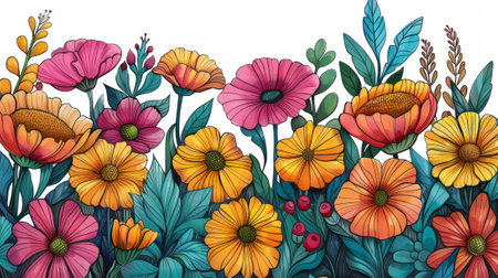botanical doodles, vibrant and dynamic visuals with lively flowers and foliage in a doodle style, offering an energetic and engaging experienceの素材