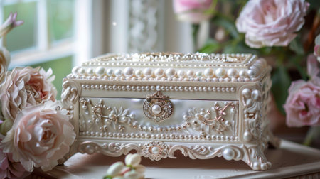 pearl jewelry box, elegant pearl jewelry box with intricate design and pearl clasp, enhancing the beauty of your dressing tableの素材