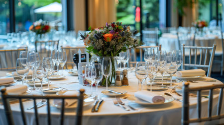 event setup, event setup for catering with elegant arrangement of tables and chairs, all set for a special occasion celebrationの素材