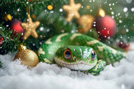 winter wonderland wildlife, a charming green snake with big eyes rests on snow beside a decorated christmas tree adorned with gold and red stars and wooden ornamentsの素材
