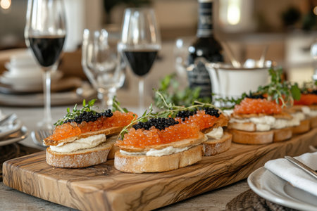 gourmet entertaining, decorate a chic kitchen with a beautiful serving board and caviar sandwiches, adding seasonal decor and space for personal messagesの素材