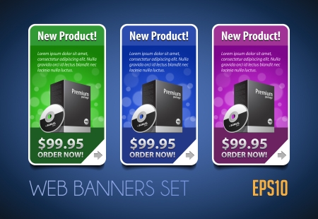New Product Round Corners Banners Set Vector Colored 1  Blue, Purple, Violet, Green  Showing Products Purchase Buttonのイラスト素材