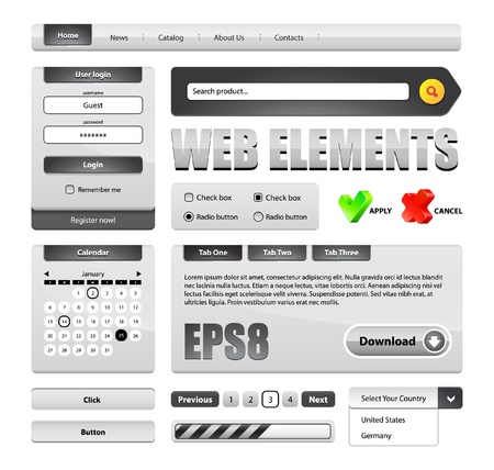 Hi-End Grayscale Web Interface Design Elements Version 2  buttons, menu, progress bar, radio button, check box, login form, search, pagination, icons, tabs, calendar