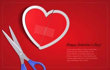 Red Cut Broken Heart Paper Sticker With Scotch Tape And Scissors  Valentineのイラスト素材