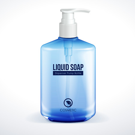 Dispenser Pump Cosmetic Or Hygiene Blue Glass Bottle Of Gel, Liquid Soap, Lotion, Cream, Shampoo  Vector のイラスト素材