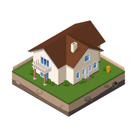Cottage, Small Wooden House For Real Estate Brochures Or Web Icon. With Yard, Green Grass, Road, Mailbox, Fence, Ground. Isometric Vector EPS10のイラスト素材