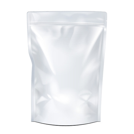 White Mock Up Blank Foil Food Or Drink Doypack Bag Packaging. Plastic Pack Template Ready For Your Design. Vector EPS10