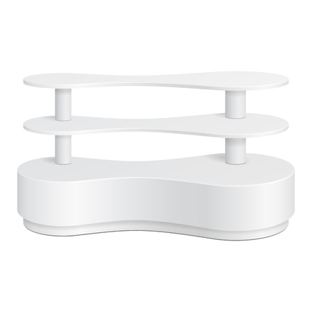 White Rounded POS POI Plastic Metaball Floor Display Rack For Supermarket Blank Empty Displays With Shelves Products On White Background Isolated. Ready For Your Design. Product Packing.のイラスト素材