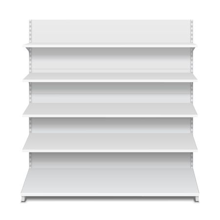 White Blank Empty Showcase Displays With Retail Shelves Front View 3D Products On White Background Isolated. Ready For Your Design. Product Packing. Vectorのイラスト素材