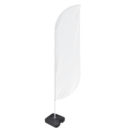 White Outdoor Feather Flag With Ground Fillable Water Base, Stander Advertising Banner Shield. Mock Up Products On White Background Isolated. Ready For Your Design. Product Packing. Vectorのイラスト素材