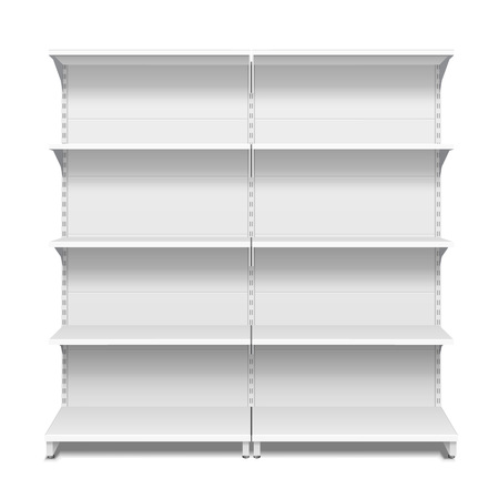 Blank Empty Showcase Display With Retail Shelves. 3D. Front View. Mock Up, Template. Illustration Isolated On White Background. Ready For Your Design. Product Advertising. Vector EPS10のイラスト素材