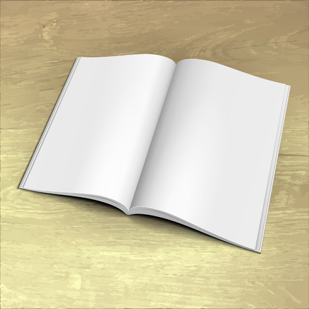 Blank Open Magazine, Book, Booklet, Brochure, Cover. White On Wood Texture Background. Mock Up Template Ready For Your Design. Vector EPS10のイラスト素材