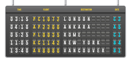 Mechanical Realistic Flip Scoreboard, Arrival Airport Board With Letters, Numbers, Time Display Board For Airport Schedule, Train Destination Timetable.のイラスト素材