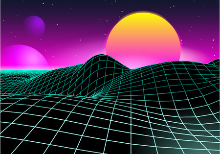 Retro Futuristic Game Planet Landscape Background 1980s Style. Digital Space Cyber Wave Surface. 80s Party Fashion Sci-Fi. Creative Template For Advertising Poster, Cover, Banner.のイラスト素材