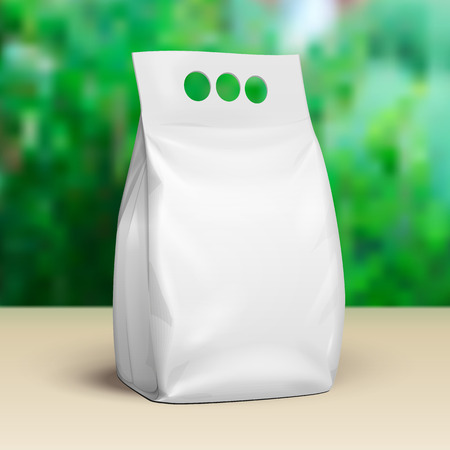 Mockup Blank Stand Up Pouch Snack Sachet Bag. Mock Up, Template. Green Summer Garden Background.のイラスト素材