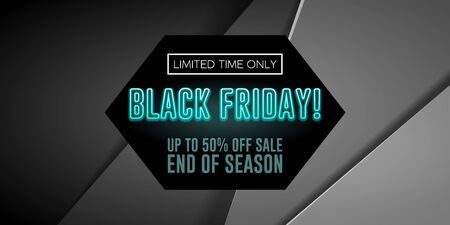 Black Friday Sale Poster, Banner With Neon Blue Text. Special Offer. Up To 50 . End Off Season. Template Illustration on Gray Background. Ready For Your Design. Vector EPS10