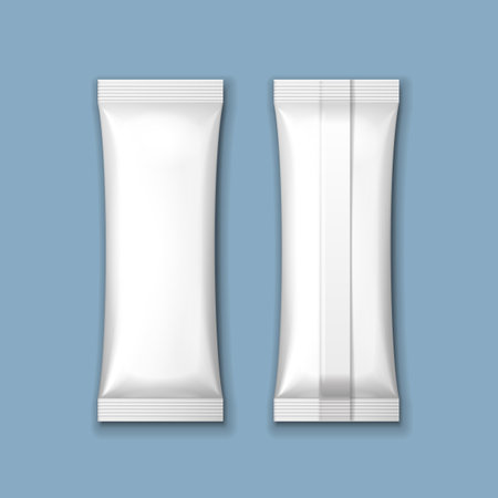 Mockup White Blank Foil Packaging Sachet Coffee, Salt, Sugar, Pepper Or Spices Stick Plastic Pack. Mock Up, Template Ready For Your Design. On Blue, Gray Background. Vector EPS10のイラスト素材