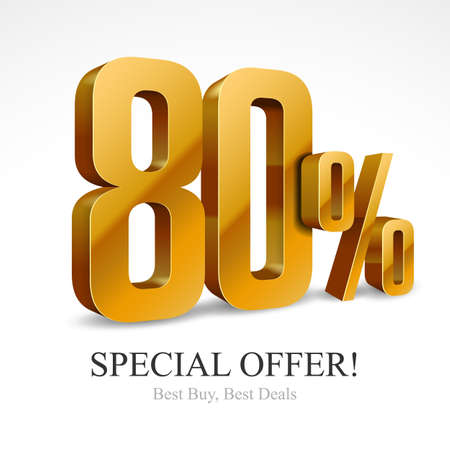 80Off Special Offer Gold 3D Digits Banner, Design Template Icon Eighty Percent. Sale, Discount. Glossy Vector Numbers. Illustration Isolated On White Background.のイラスト素材