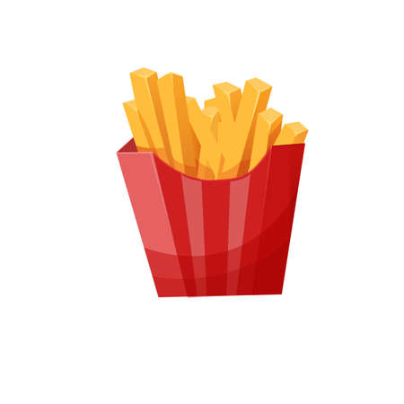 French fries fast food in red paper package. Cartoon flat vector illustration isolated on white...