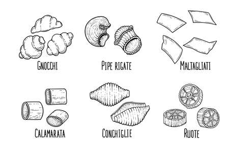 pasta set sketch. Doodle outline black and white vintage style macaroni illustration.のイラスト素材