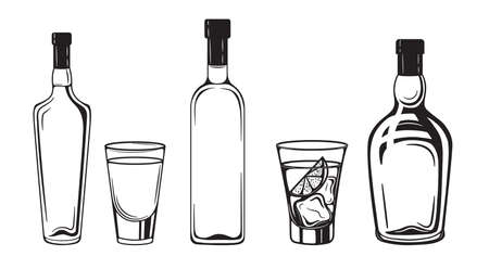 alcohol drinks bottles engraving vector set. Vodka, whiskey and cognac. Isolated black and white vintage style.のイラスト素材