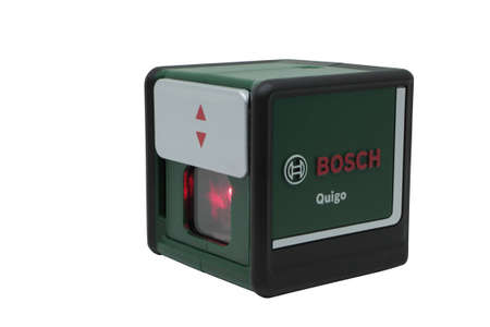 MOSCOW, RUSSIA-JUNE 10, 2016. Laser level Bosch isolated on whiteのeditorial素材