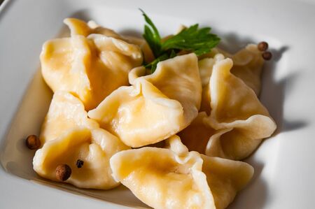 Meat dumplings - russian pelmeni, ravioli with meat on plate on a wooden backgroundの写真素材