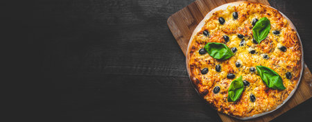 Pizza with Mozzarella cheese, Tomatoes, pepper, olive, Spices and Fresh Basil. Italian pizza. Pizza Margherita or Margarita on wooden table backgroundの写真素材