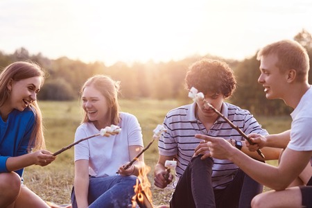 Photo of friendly company of friends have picnic outdoor, roast marshmallows over campfire, have positive expressions, pleasant lively talk, discuss something funny, pose outdoor. Friendshipの写真素材