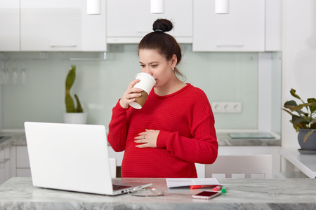 Busy future mother focused at laptop compuer, watches training webinar, drinks takeaway coffee, keeps hand on belly, wears loose red sweater, connected to wireless internet, poses at kitchenの写真素材