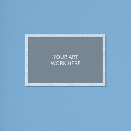 Blank frame for your artwork or masterpiece against blue background. Empty space. Mock up frame. Horizontal shotの写真素材