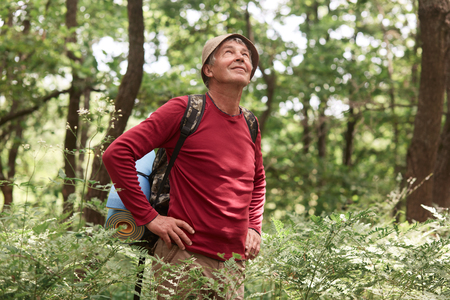 Photo of old aged senior traveler walk on road in forest, wears casually, carries backpack with rug, stands with hands on hips and look up on sky. Active recreation and traveling in mountains concept.の写真素材