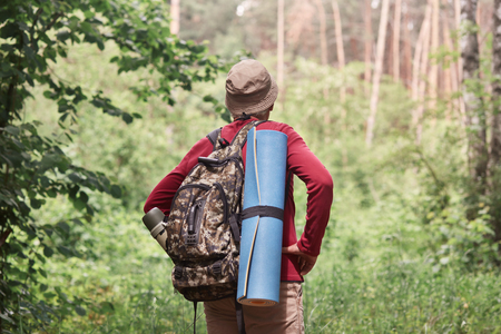 Back view of active backpacker looking for way out in forest, having sleeping pad and dark rucksack with thermos at his back, enjoying active holidays, stick to travel lifestyle. Travel concept.の写真素材