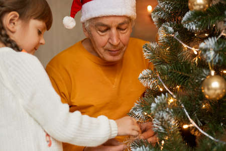 Old man with his grandchild decorating fir tree, posing in festive living room, mature male in orange shirt and santa claus hat looks concentrated at xmas tree, spending time together.の写真素材