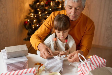 Grandfather packing christmas gifts with his charming granddaughter, sitting in room at table with fir tree on background, look concentrated, wearing casual clothing.の写真素材