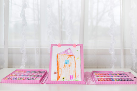 Easel from kids set of art and creativity on table in front of window in light room, many colored wax crayons or pencils on desk, beautiful child's illustration of house.の写真素材
