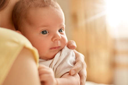 Newborn baby on her mothers arms, looking away and studying outward things, faceless mum with child...
