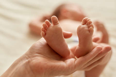 Baby feet in mother hands. Tiny newborn baby's feet on female hands. Mom and her child, mommy doing massage for infant, Beautiful image of maternity.の写真素材