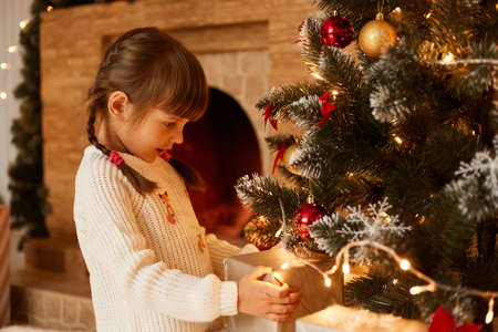 Portrait of Caucasian little girl standing near Christmas tree and present boxes, dressed white sweater, having dark hair and pigtails, merry Christmas and happy new year.の写真素材