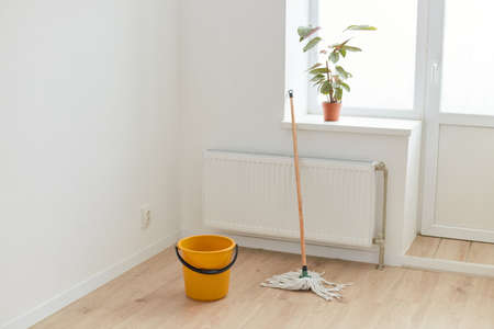 Cleaning service, bucket with nd mopping stick, washcloth and towel, household equipment in light...