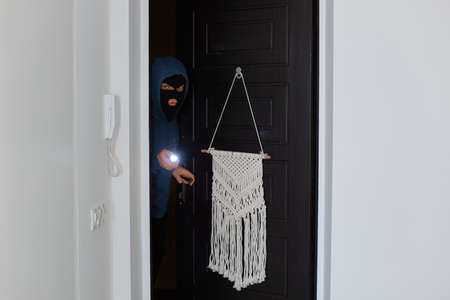 Picture of dangerous burglar breaking into house, wants to steal belongings and money, opening door...