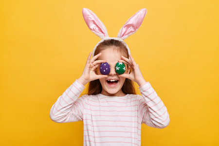 Portrait of funny little girl with rabbit ears with covering her eyes colored purple and green eggs having fun smiling happily posing isolated on yellow backgroundの写真素材