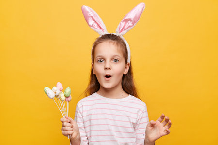 Portrait of surprised cute little girl with rabbit ears with cake pops in hands, looking at camera...